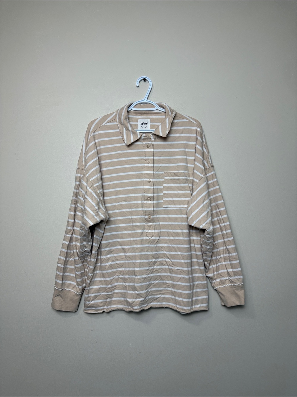 aerie Beige and White Striped Long-Sleeve Shirt Jacket size L